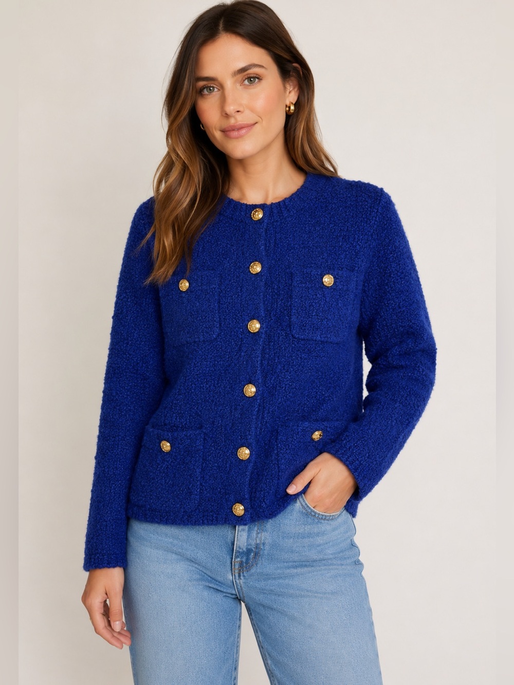 Vintage 90s Tanner Royal Blue Boucle Gold Button Cardigan Sweater S